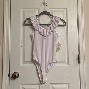 NEW Altar’d State White Bodysuit Frilly V-neck Front Back Polyester Blend Small